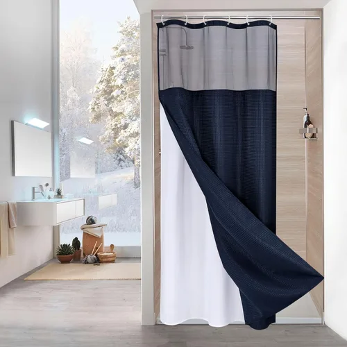 Miniatura 16 de MitoVilla Cortina de ducha pequeña beige de 36 x 72 pulgadas, juego de cortina de ducha de tela de punto gofre de tamaño medio estrecho con forro