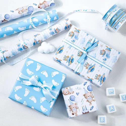 Miniatura 4 de WRAPAHOLIC Papel de regalo de oso para baby shower, mini rollo, 3 rollos, 17 x 120 pulgadas, diseño de oso de aventura en avión y fiesta para baby