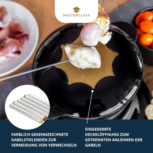 Miniatura 4 de MasterClass - Juego de fondue de hierro fundido, 8.3 x 7.1 in, para queso, chocolate y carne, esmalte recubierto con quemador y 6 tenedores