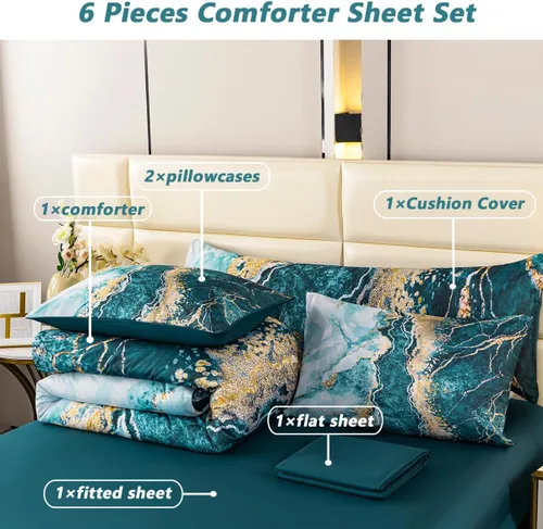 Miniatura 3 de PERFEMET Juego de edredón de 6 piezas tamaño Full, color oro aguamarina, ropa de cama en una bolsa, edredón de mármol acuarela con sábanas, suave