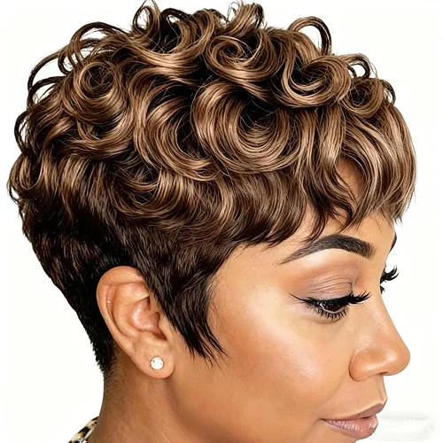 Miniatura 15 de Pelucas cortas de corte Pixie negro natural para mujeres negras, pelucas de cabello rizado de repuesto, peluca corta negra en capas con flequillo