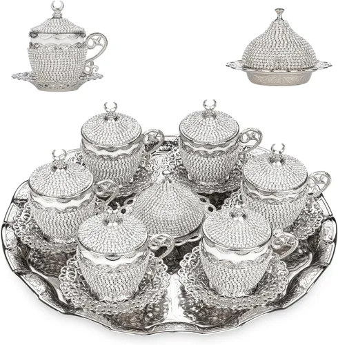 Miniatura 10 de Alisveristime Juego de 27 tazas otomanas de café turco griego árabe para servir, platillo de cristal (Gelincik) – Juego tradicional hecho a mano