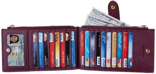 Miniatura 3 de Travelambo Billetera para mujer con bloqueo RFID plegable para múltiples tarjetas con bolsillo con cremallera, Rojo vino, Minimalista
