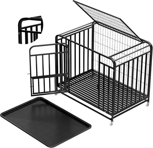 Jaula extragrande para perros grandes, medianos, 42 pulgadas, resistente, indestructible, con ruedas bloqueables y puerta doble extraíble, fácil de