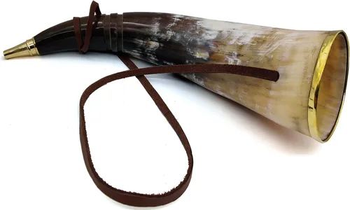 5MOONSUN5 Silbato de trompeta de batalla de cuerno de buey vikingo trompeta medieval de búfalo con anillo de latón, ganado nórdico, cuerno antiguo,
