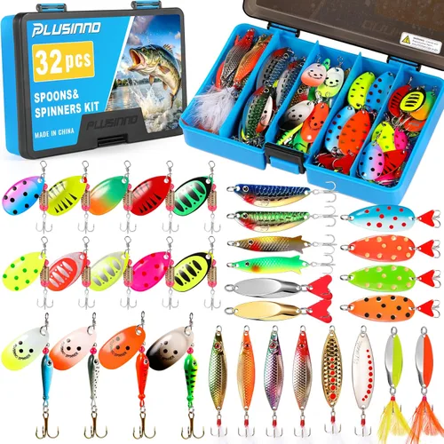 Miniatura 9 de PLUSINNO Señuelos de pesca para lubina, kit de 16 señuelos giratorios con bolsa de transporte portátil, cebos giratorios de metal duro para trucha