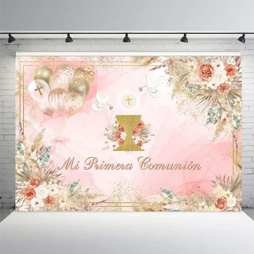 MEHOFOND Telón de fondo de comunión Mi Primera de 7 x 5 pies para niña, color rosa, bohemio, bautizo, decoración de fiesta, pancarta, Dios bendiga