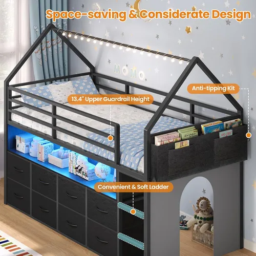 Miniatura 5 de BTHFST Cama tipo loft tamaño twin para niños, 8 cajones de almacenamiento y luces LED, cama de metal en forma de casa con estantería, escalera