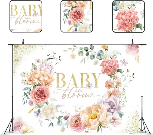 Miniatura 2 de Glawry Baby in Bloom - Telón de fondo de 7 pulgadas de ancho x 5 pies de alto, rosa, floral, para niñas, acuarela, peonía, hojas de flor de rosa