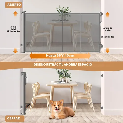 Miniatura 2 de SPACEANY Puerta retráctil reforzada para bebé, puerta de malla para perros, puerta de seguridad infantil para puertas, escaleras, pasillos, Gris