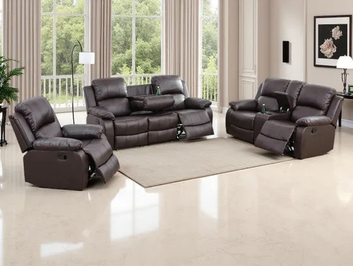 Miniatura 38 de Sofá reclinable manual moderno, sofá reclinable de cuero de 3 plazas, sofá reclinable de sala de estar, sofá con portavasos y mesa abatible