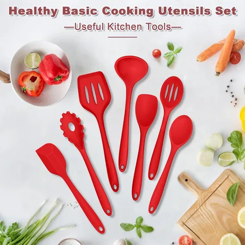 Miniatura 7 de TeamFar Utensilios de cocina, 7 piezas de utensilios de cocina de silicona para hornear, utensilios de cocina antiadherentes con cucharón, espátula
