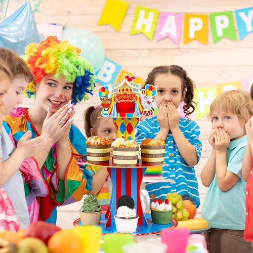 Miniatura 5 de Zopeal Soporte de 3 niveles para cupcakes con temática de circo para decoraciones de fiesta de cumpleaños, carnaval, mesa de postre, soporte
