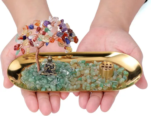 Miniatura 4 de Jovivi Soporte de incienso de cristal para palos, piedra de cristal curativo, árbol de dinero, juego de estatua de Buda, quemador de incienso