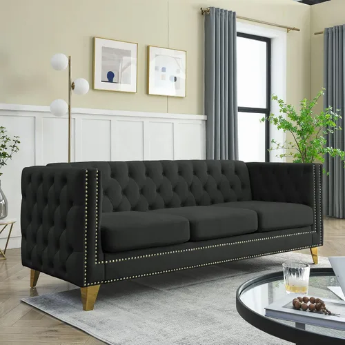 Miniatura 21 de KEIKI Sofá de terciopelo copetudo de 2 plazas para sala de estar, sofá con brazos cuadrados copetudos para apartamento en el hogar, color beige