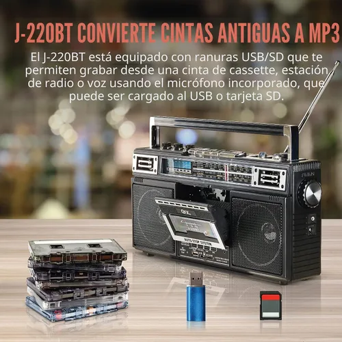 Miniatura 4 de QFX J-220BT Boombox MP3 Conversión de radio a casete con radio de 4 bandas (AM, FM, SW1, SW2) con Bluetooth, batería recargable, altavoces duales