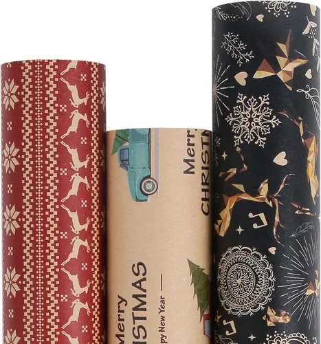 Miniatura 9 de Aimyoo Paquete de papel kraft de regalo de Navidad, papel de regalo de Navidad vintage para niños, guantes de calcetines, bastones de caramelo