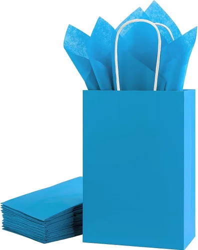 Miniatura 12 de SUNCOLOR Bolsas de regalo negras con asas, paquete de 24 bolsas pequeñas de papel kraft para fiestas, 7.9 x 5.12 x 3.15 pulgadas con papel de seda