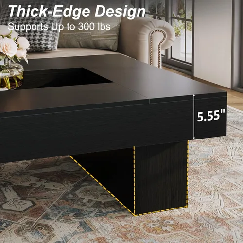Miniatura 5 de LVB - Mesa de café negra, mesa de sala moderna de madera con LED y almacenamiento, mesa central única de gran tamaño y forma rectangular con luz