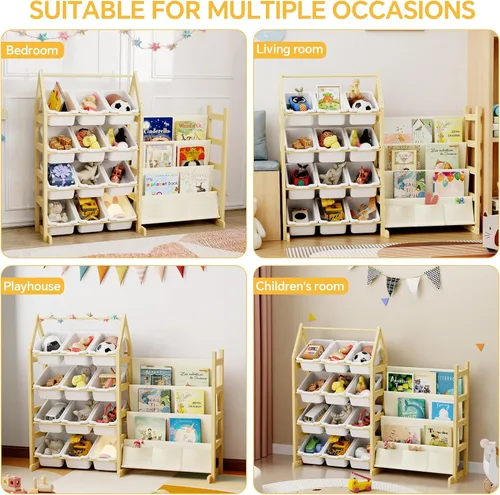 Miniatura 6 de Organizador de Almacenamiento de Juguetes de Madera Estantería para Niños, con 12 Contenedores Organizadores de Juguetes, Estante de Libros