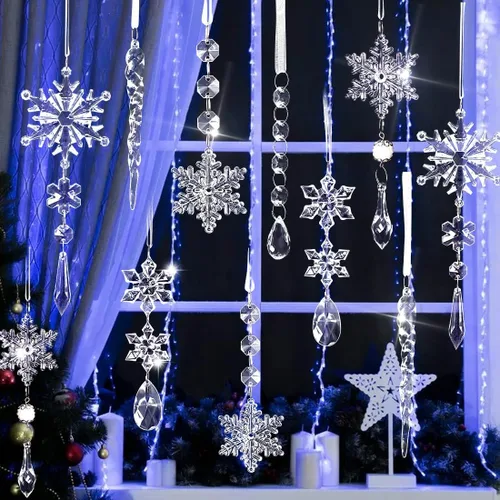 Miniatura 5 de 18 piezas de adornos de copo de nieve de cristal y carámbano para árbol de Navidad, adornos acrílicos colgantes de copo de nieve y carámbano