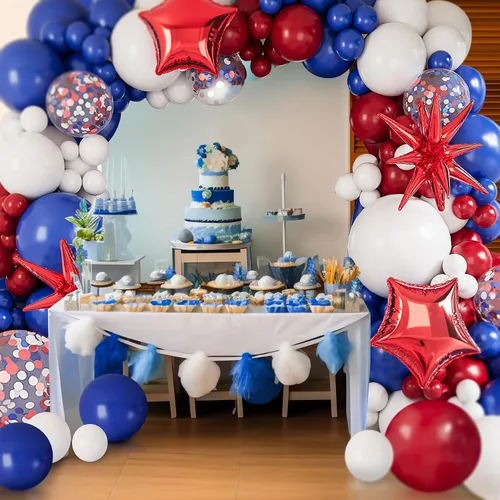 Miniatura 6 de Kit de guirnalda de arco de globos azules, blancos y rojos: 127 globos de aluminio con forma de estrella de explosión roja para cumpleaños
