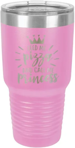 Miniatura 20 de Vaso grabado con pajita y tapa superior deslizante de acero inoxidable para viaje con texto en inglés "FEED ME PIZZA AND CALL ME PRINCESS