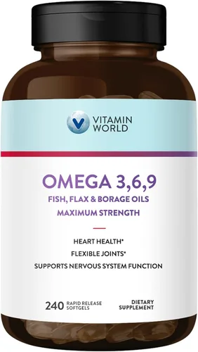Vitamin World Triple Omega 3-6-9 3600 mg con aceites de semillas de pescado, linaza y borraja, ácidos grasos omega-3 con EPA y DHA, apoya la salud