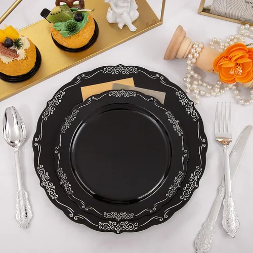 Miniatura 8 de DaYammi 150 platos de plástico negro plateado y cubiertos de plástico plateado, platos desechables de plata negra para incluir 30 platos llanos, 30