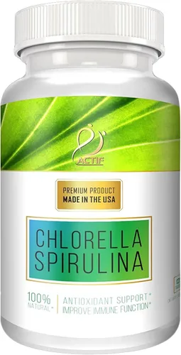 ACTIF Clorella y espirulina orgánica 100% limpiada en el océano, sin OMG, el mejor suplemento de dieta vegana y desintoxicante, fabricado en Estados