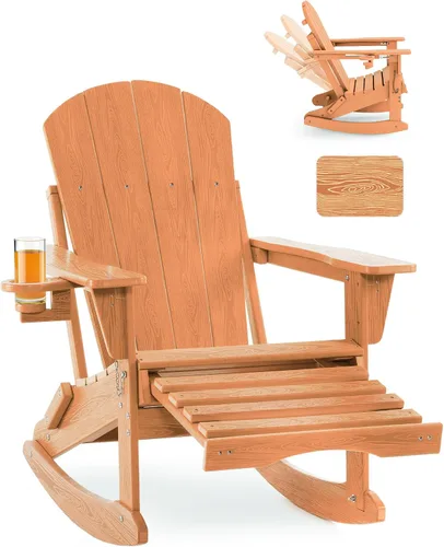 Miniatura 20 de Mecedora plegable Adirondack, silla de patio multifuncional 4 en 1 con otomana retráctil, silla de exterior con textura de madera, silla de césped