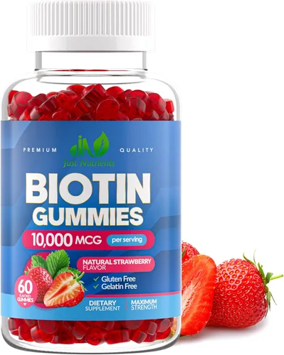 Just Nutrients Biotin - Gomitas de 10,000 mcg para el crecimiento del cabello, la piel y las uñas, vitaminas de biotina de máxima potencia 2X para