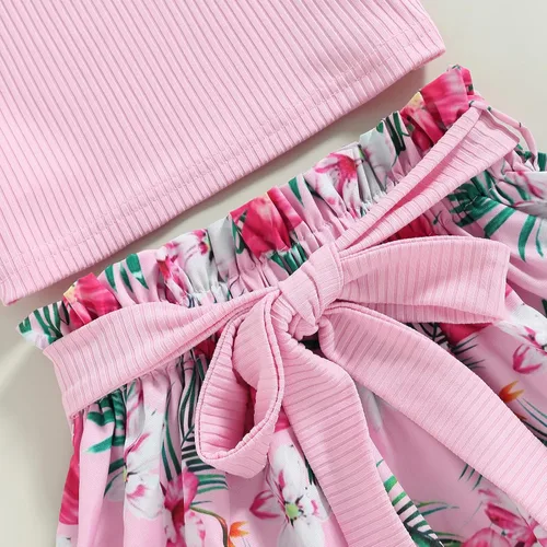 Miniatura 179 de TheFound Trajes de verano para niñas pequeñas, sin mangas, de punto acanalado, halter, pantalones cortos, ropa para recién nacidos, conjunto de 3