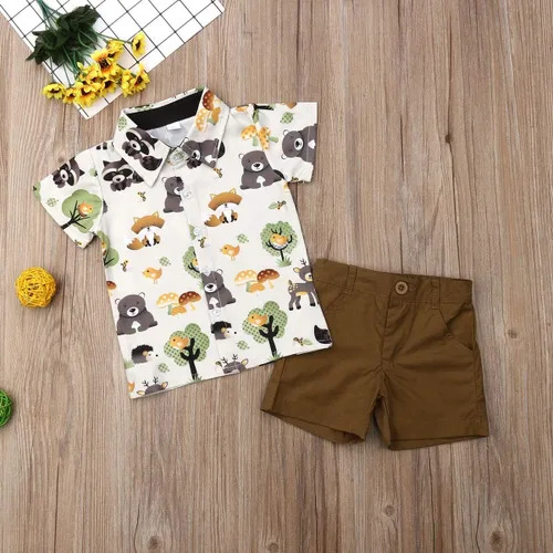 Miniatura 55 de Conjunto de camisa de manga corta con botones y pantalones cortos casuales con diseño de flamingo, para bebés y niños de 1 a 6 años, atuendos