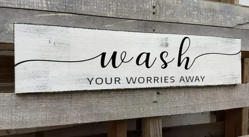 Letrero de baño de granja, «Wash Your Worries Away», decoración artística de pared de baño de madera rústica, letreros inspiradores para colgar en