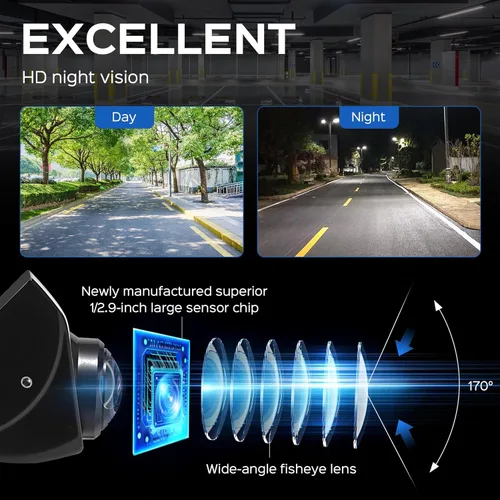 Miniatura 2 de Cámara de respaldo con vista frontal conmutable – 1080P metal AHD, visión trasera gran angular de 170°, visión nocturna súper clara, inversa Negro