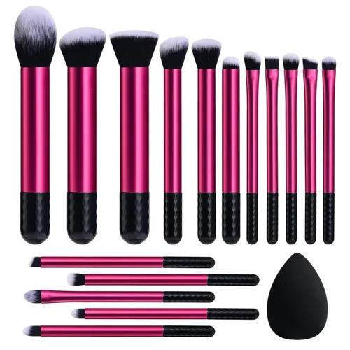 BS-MALL Juego de brochas de maquillaje, 16 unidades, color morado, mango corto, para viaje, con 1 soplete triangular (rosa intenso)