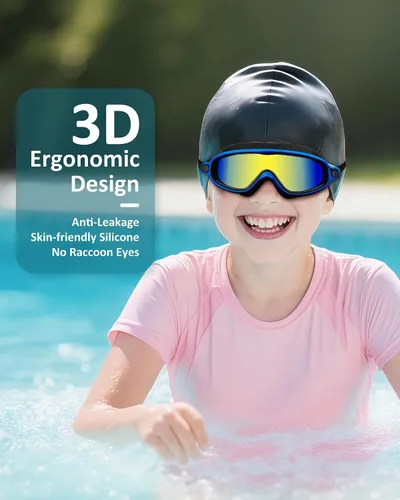 Miniatura 6 de Gafas de natación para niños, antivaho, protección UV y amplia vista & gorro de natación para niños de 3 a 15 años, niños y niñas, bebés Azul & negro