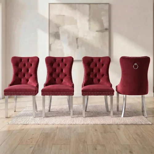 Miniatura 14 de OVENTA Juego de 6 sillas de comedor modernas tapizadas copetudas, sillas de comedor de terciopelo beige cálido con patas de madera maciza, sillas