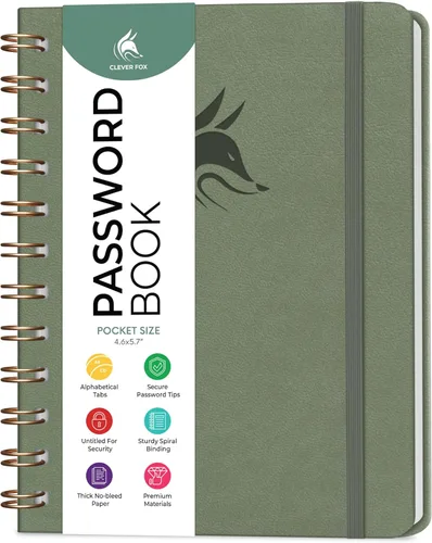Miniatura 19 de Clever Fox Libro de Contraseñas en Espiral – Organizador de Direcciones de Internet y Contraseñas con Pestañas Alfabéticas Laminadas – Diario Negro