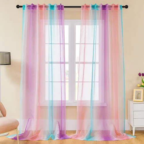 Miniatura 13 de XiDi Cortinas traslúcidas degradadas para decoración de habitación de niñas, cortinas traslúcidas para dormitorio, sala de estar, cortinas Rosa Azul