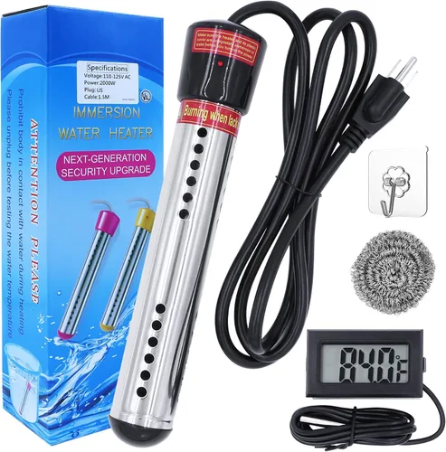 Calentador de agua de inmersión de 2000 W, calentador de agua sumergible LISTENJIALE con protector de 304 SS, calentador de cubo con termómetro LCD,