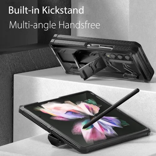 Miniatura 4 de Funda resistente para Samsung-Galaxy-Z-Fold-3 con soporte integrado [soporte para bolígrafo S] [protector de pantalla] [protección de bisagra], Negro