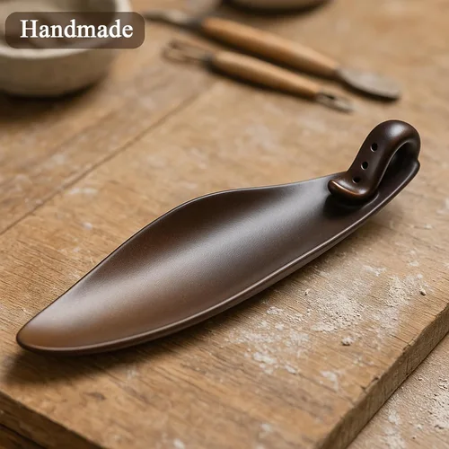 Miniatura 5 de Soporte para palo de incienso, quemador, cono de cenizas, bandeja incensaria de cerámica para yoga, oficina en casa (hoja marrón claro)