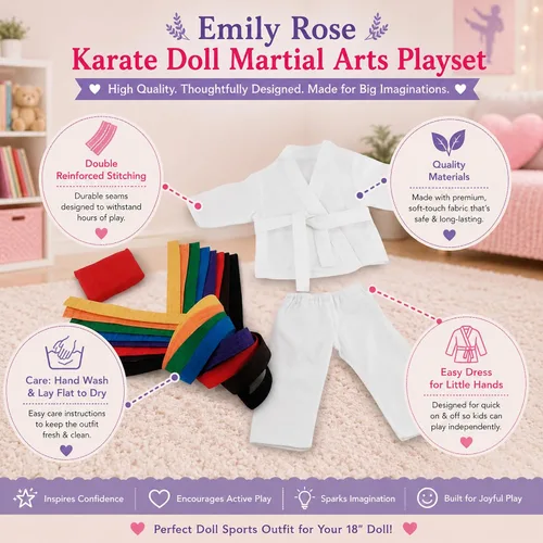 Miniatura 5 de Emily Rose - Conjunto de 11 piezas de ropa y accesorios para muñecas de taekwondo de artes marciales de 18 pulgadas con 9 cinturones