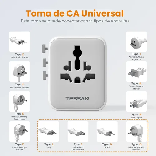 Miniatura 6 de TESSAN Adaptador de viaje universal de 28 W, adaptador de corriente internacional con 3 puertos de carga USB C 2 USB A, adaptador de enchufe mundial