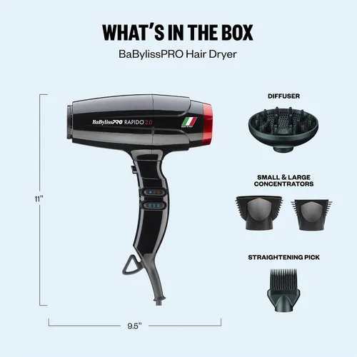 Miniatura 7 de Secador de pelo de alta velocidad BaBylissPRO 2000W Brushless Motor for All Hair Types, Engineered Airflow for Frizz-Free Results, Black, BRAP2