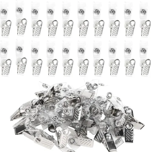 Happy Trees 50 unidades de clips de metal para insignias con correas de PVC transparente, clip de soporte de identificación para portainsignias,
