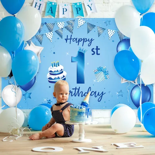 Miniatura 3 de Cartel de fondo de feliz primer cumpleaños azul para recién nacidos, fondo de fotografía para primer cumpleaños, suministros de decoración de fiesta