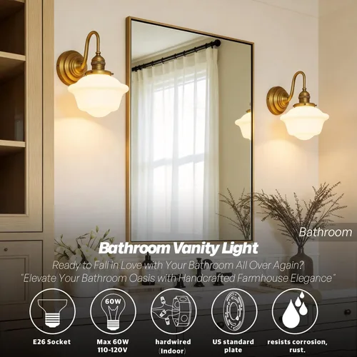 Miniatura 3 de Apliques de Pared Vintage de Latón Antiguo Dorado Luz de Tocador de Baño con Vidrio Esmerilado Lámpara de Aplique de Pared de Instalación Fija